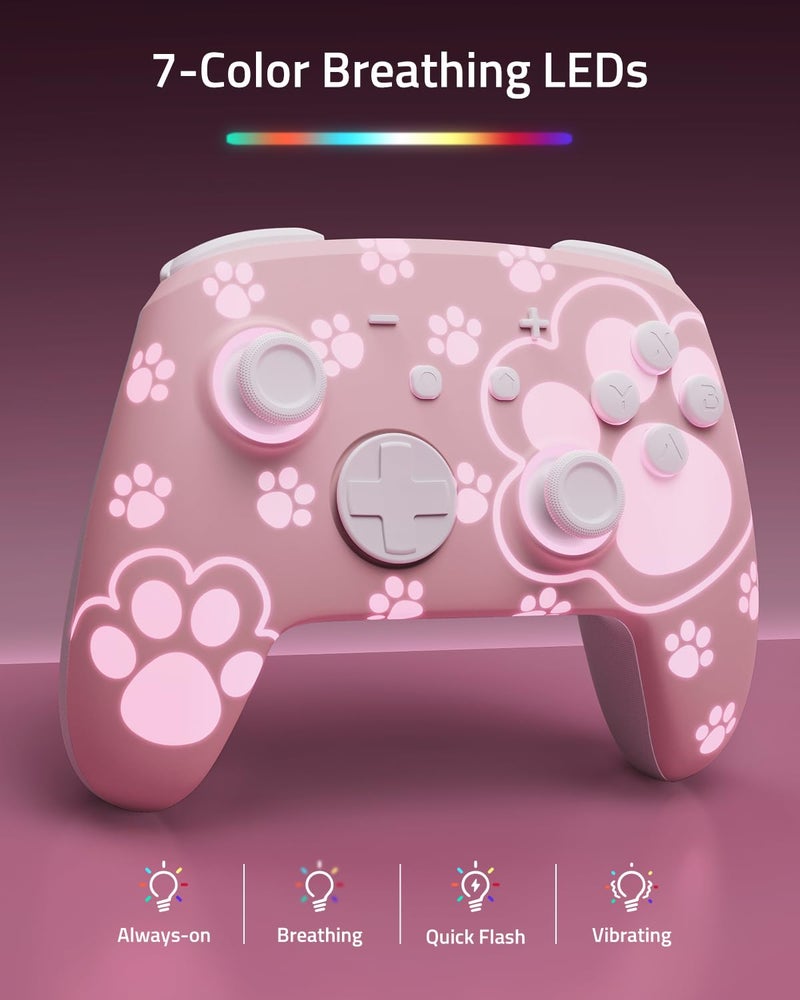 FUNLAB Cute Switch Pro Controller Wireless Compatible with Nintendo Switch 2/OLED/Lite, Grily Hall Effect Controller, Firefly Bluetooth Remote Gamepad Pink with 7 LED Colors/Paddle/Turbo- Cat Paw Pattern - Image 2
